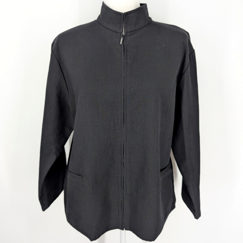 Eileen Fisher 100% Italian Cotton Black Lightweight Zip-Up Collar Jacket Medium